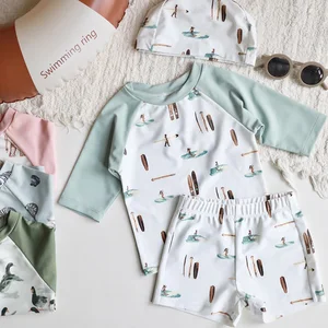 OEKO-TEX Cute Coconut Tree Print Boys' Swimwear One Piece Zipper Short Sleeve Swim Brief for Children Beach Vacation Swimming