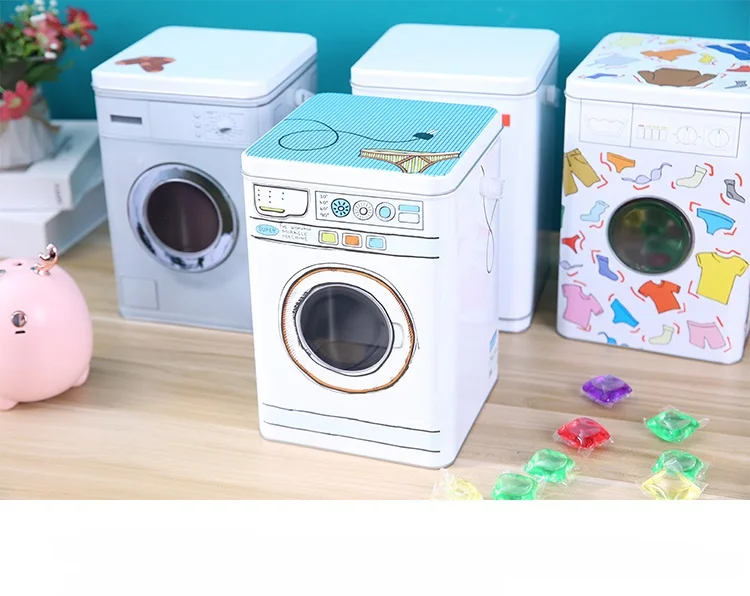 Custom Washing Machine Shape Laundry Powder Laundry Detergent Storage Tin Box with Plastic Handle and Body Window