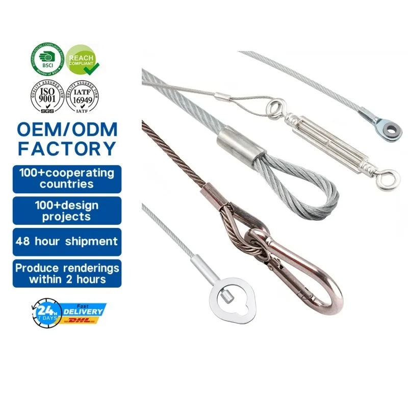 Available 304 Stainless Steel Wire Rope Cable Hardware Swage Eye End Fittings Coated Steel Braided Cable Sling