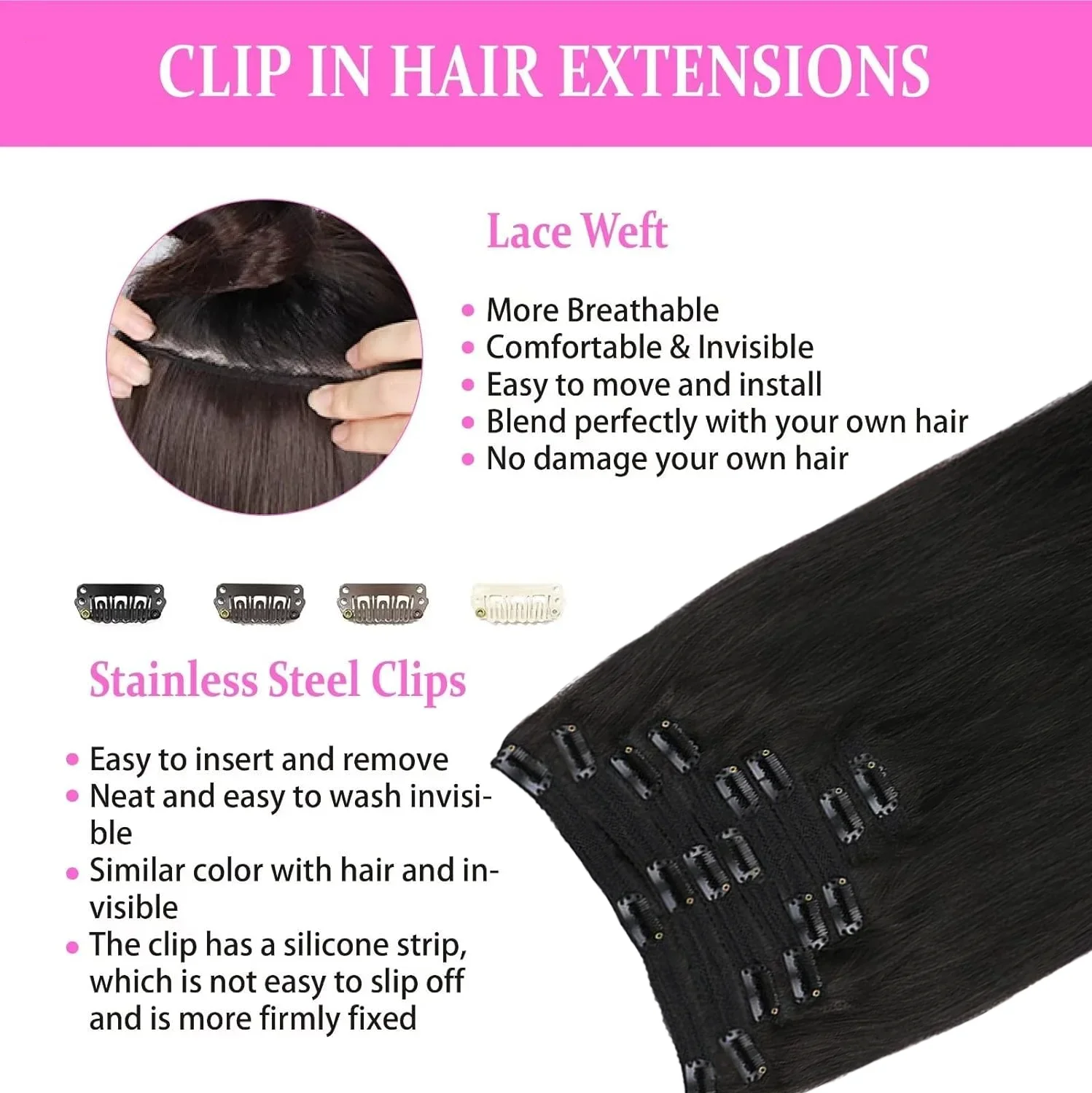 Clip in Hair Extensions Human Hair Brazilian Virgin Natural Straight Seamless Clip ons 1B_voghion.com