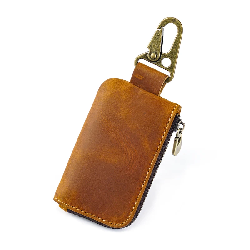 Genuine Leather Vintage Keychain Zip Type Holder Organizer Pouch Cowhide Car Wallet Housekeeper Key Case Mini Card Bag_voghion.com