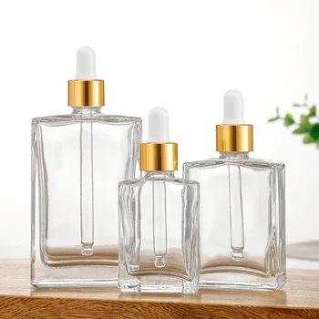 Factory 20ml 30ml 50ml 100ml flat square clear Glass dropper Bottle Essential Oil body hair perfume oil Bottle with gold dropper