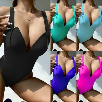 Designer V Neck Backless Bikinis High Cut Swimsuit Women Solid Hollow Out Thong Swimwear One Piece Bathing Suits