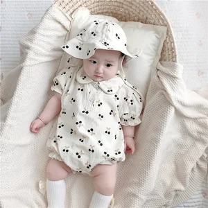 Summer 100% Cotton Jumpsuit for Girls Infants Short Sleeve Cherry Triangle Bodysuit Buttons Casual Europe Outdoor Wear Baby