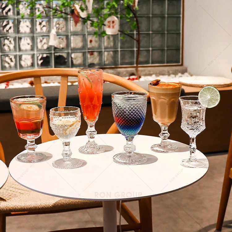 Hot selling unique luxury design transparent glass retro sunflower pattern vintage goblet red wine goblet glassware wedding 10oz