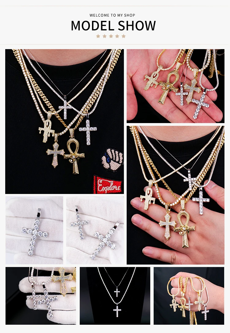 Wholesale jewelry 925 sterling silver holy shining vvs mossanite moissanite diamond crosses chain necklace pendant for men women