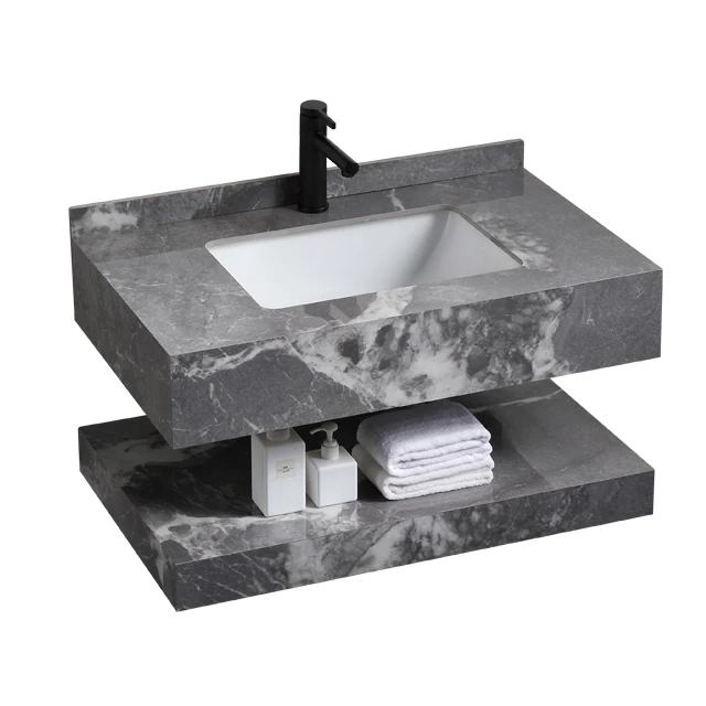 Modern Double Layers Rock Vanity Floating Bathroom Vanities Marble Wash Basin Cabinet