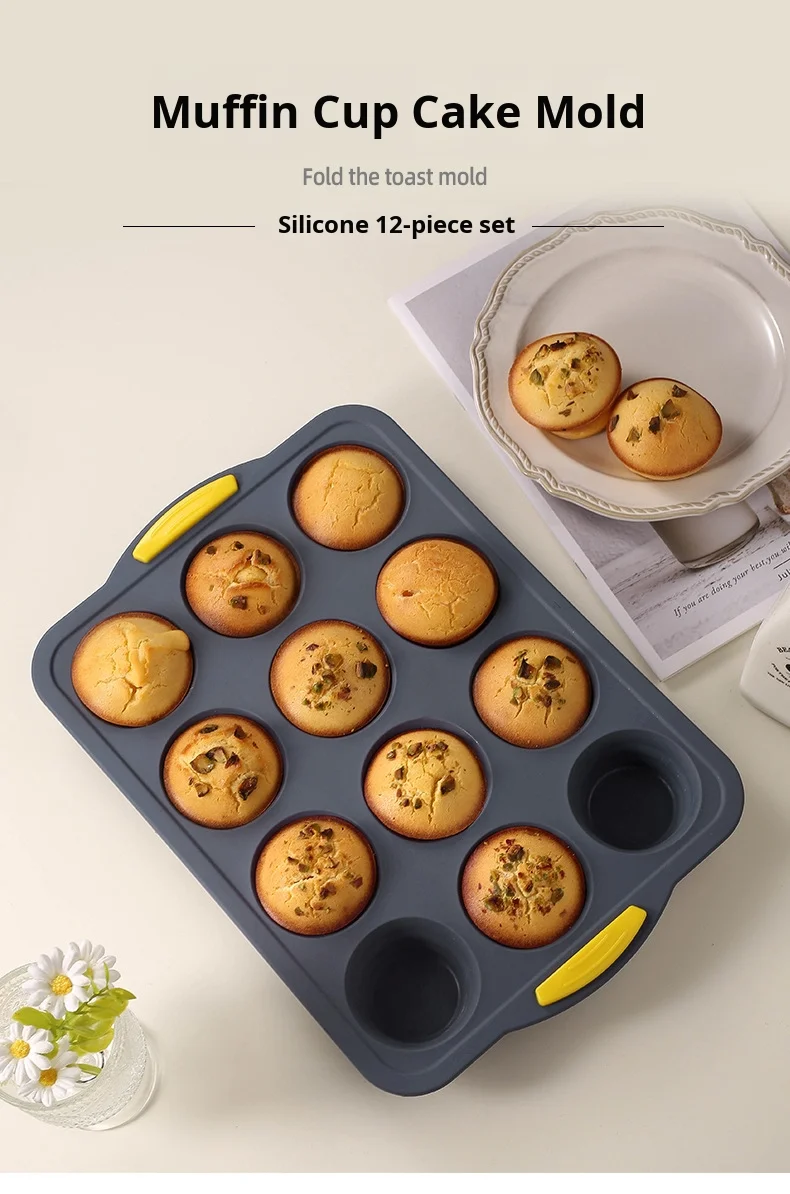 Silicone Muffin Cup Mold with Frame 12 Round Cake Baking Plate Oven Baking Mold Pudding Jelly Mold Non-Stick Reusable manufacture