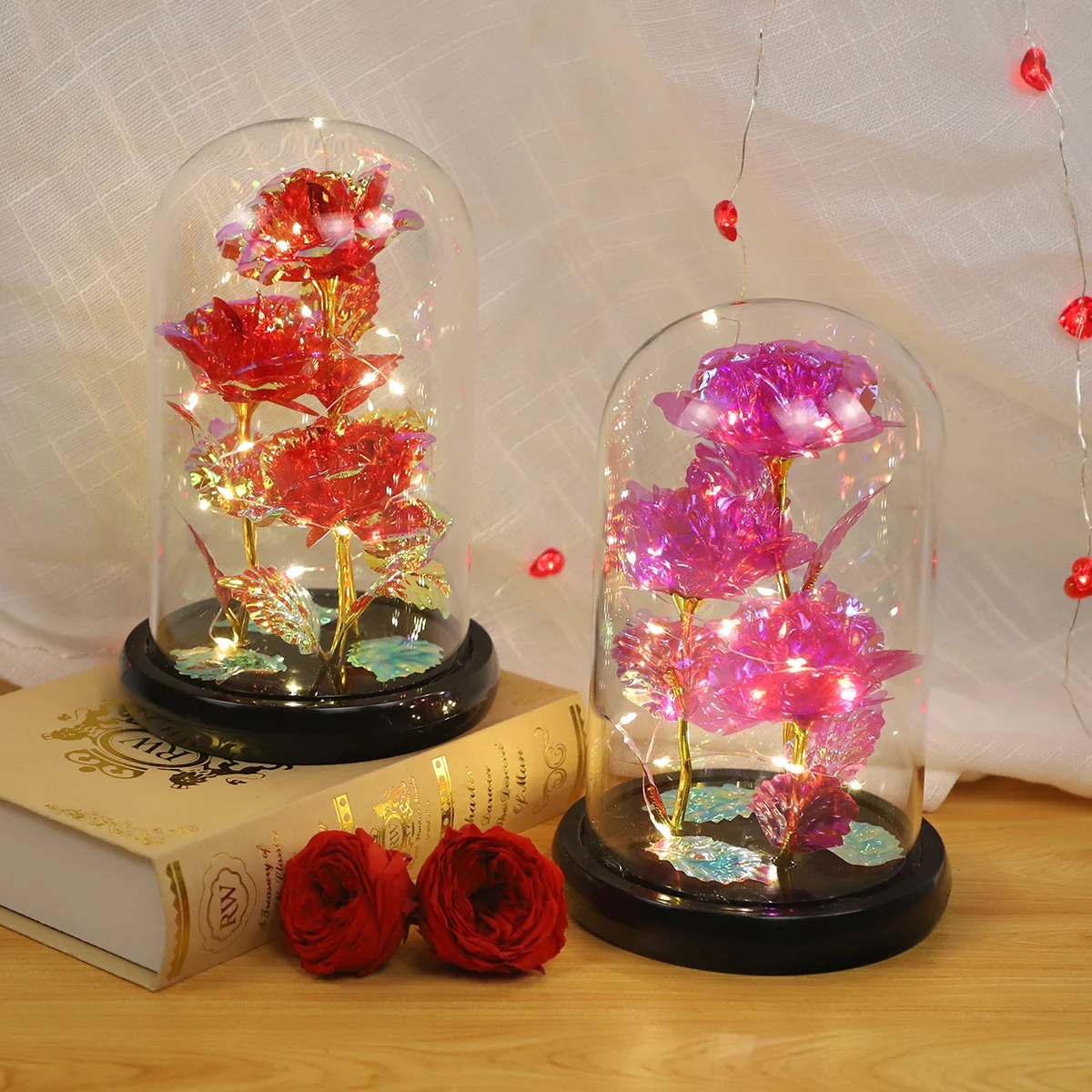 christmas flowers artificial glass mothers day gift oem glass dome wood base birthday gifts for women