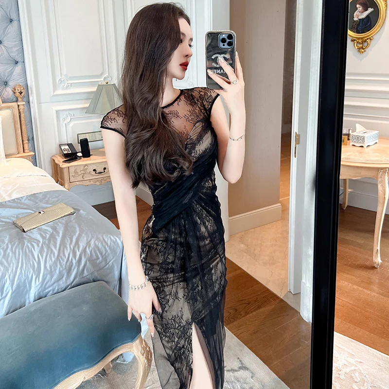 イマテリアル　midnight veil dress ブラック Strike Of Midnight Dress - Black Metallic - Farron Elizabeth
