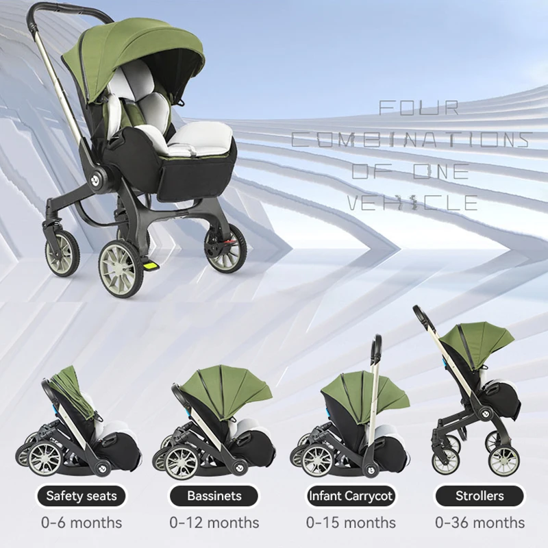 Luxurious 4-in-1 Baby Stroller Foldable Multi-Function Travel Systems with Five-Point Safety Belt for Age 3 Years