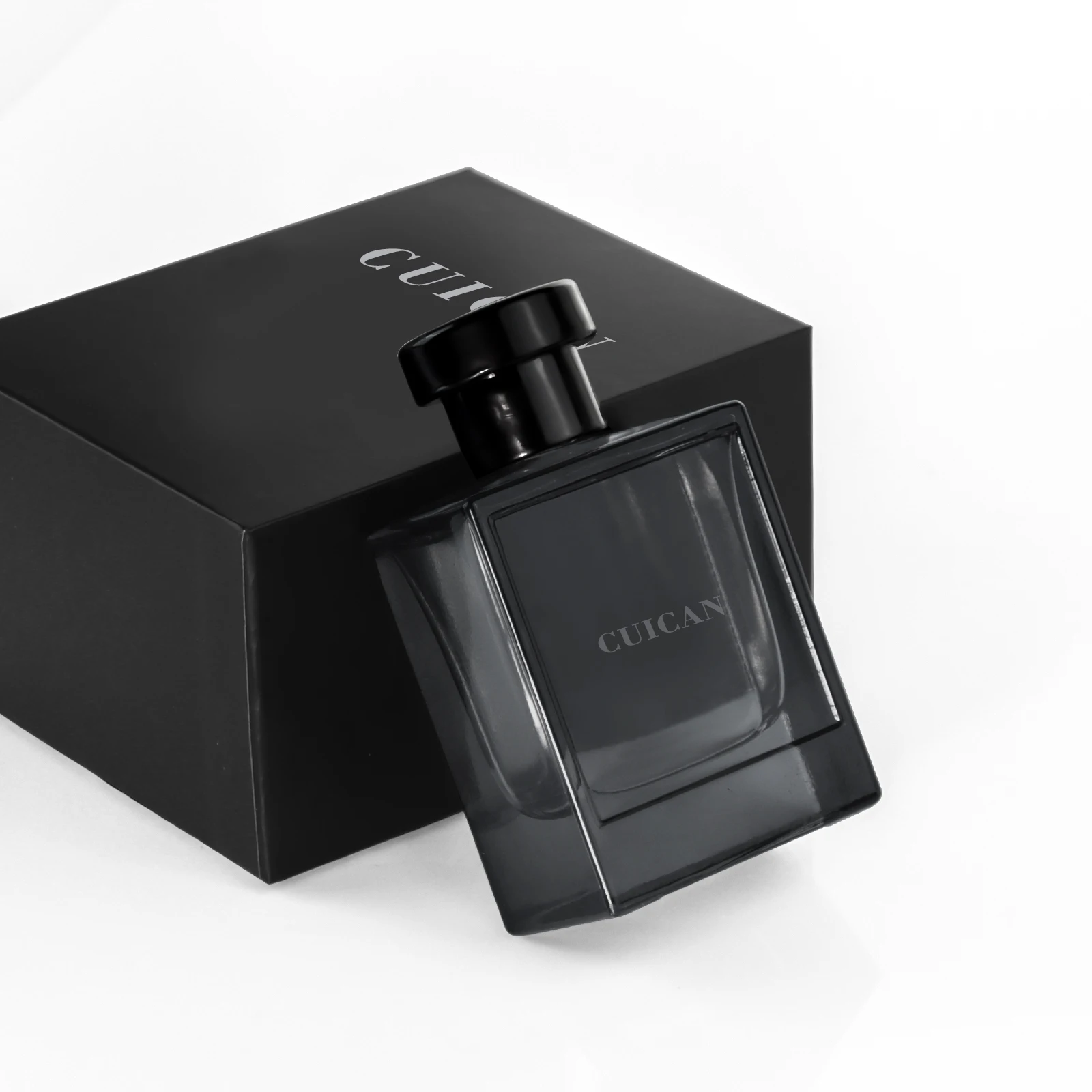 50ml Kristall rechteckiger Duftzerstäuber flache Form Glasparfümflasche mit schwarzen Deckeln