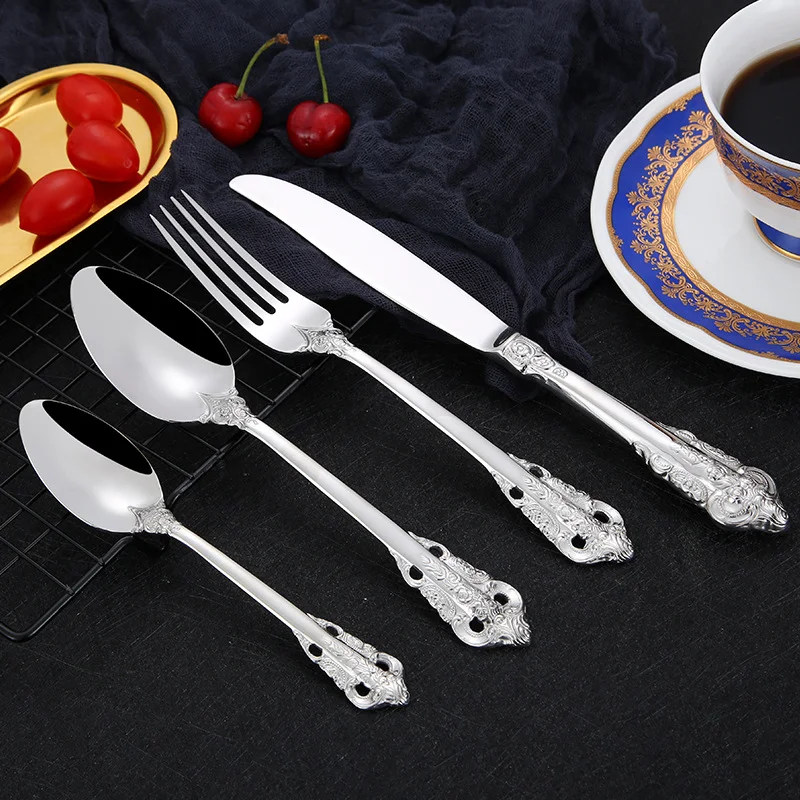 Varma Luksa Flatware Set Restoracio Hotelaj Tabulaj Kuleroj Kaj Forkoj Neoksidebla Ŝtala Aro Geedziĝa Tutlegejo 14