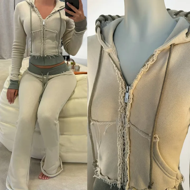 Finch Garment Blanks Y2k Flared Stack Jogging Tracksuit Girls Cropped Slim Fit Hoodie Set Skinny Distressed Sweatsuit Women