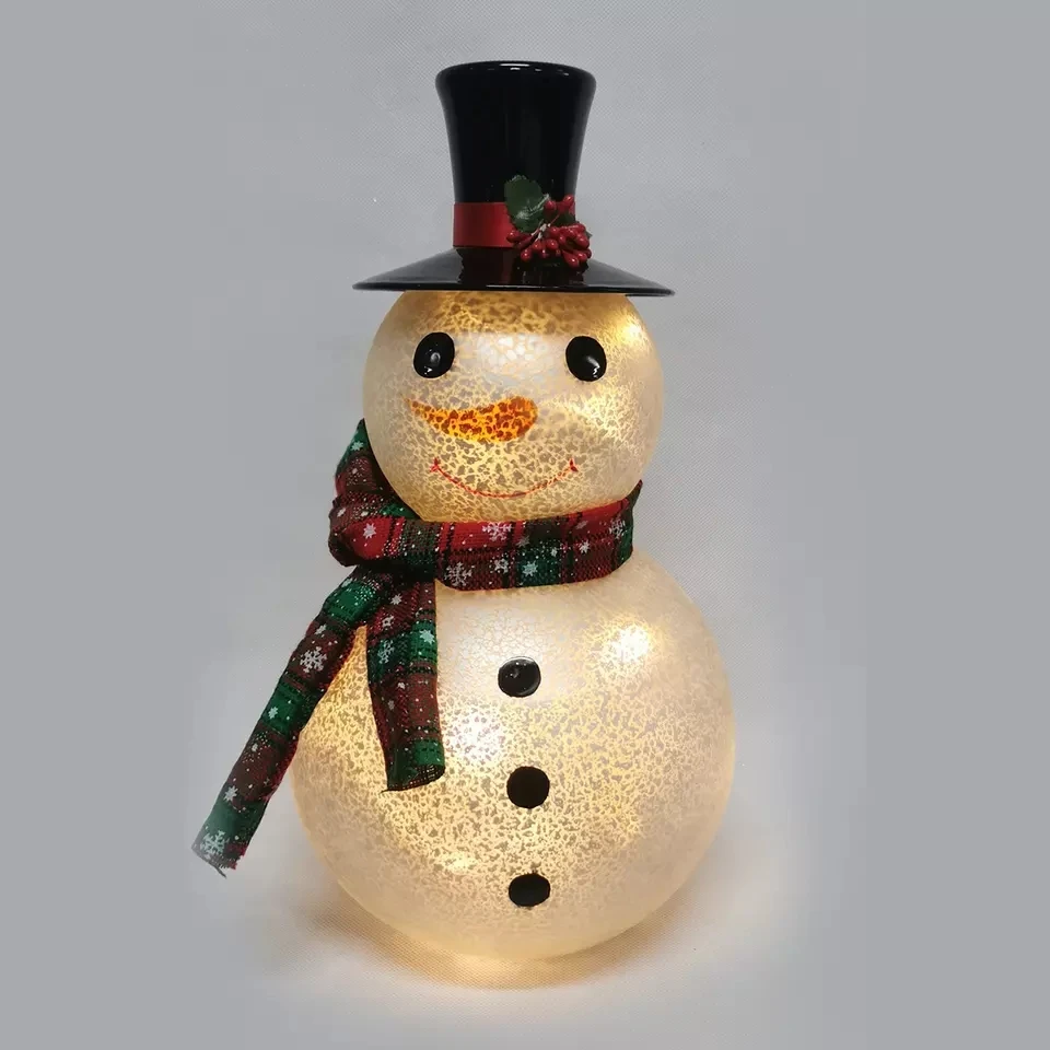 White frosted hand painted blown glass christmas snowman figurine gift idea presents decoration ornaments indoor led lights