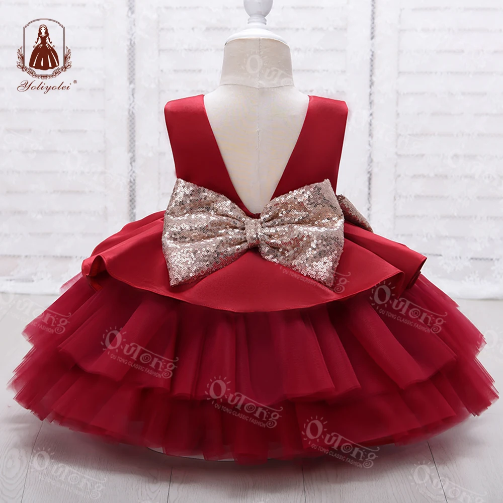 Yoliyolei оптовая продажа Одежда для младенцев летнее сатиновое многослойное Тюлевое официальное платье без рукавов с V-образным вырезом на спине девочек детское праздничное большим бантом