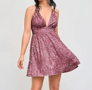 Elegant Sexy Suspender Skirt Cross Backless Above Knee Prom Dress Off-Shoulder Sequin Tassel Lace-Up Bow A-Line