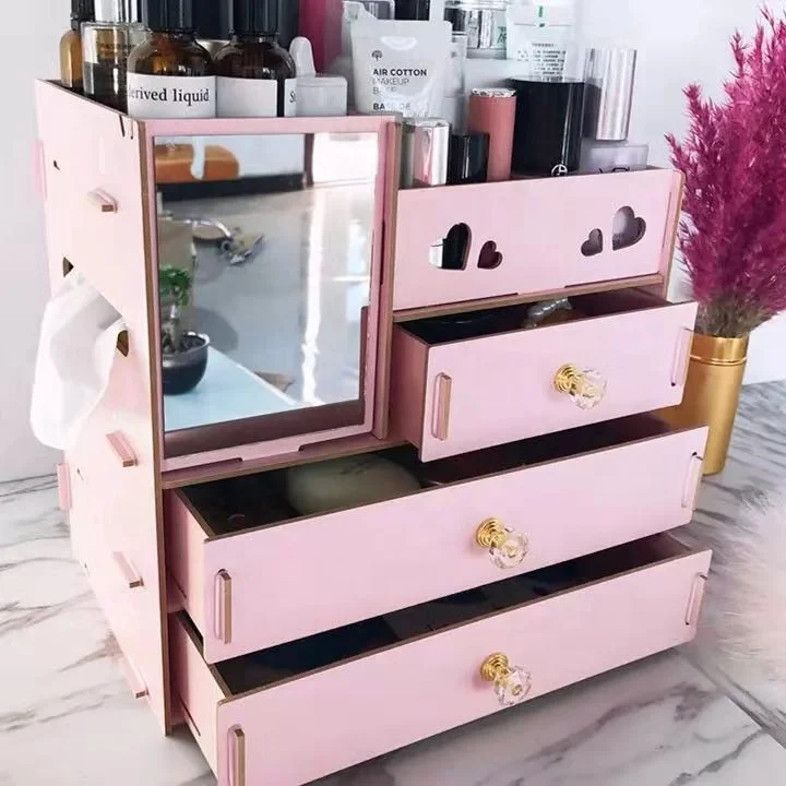 HelloWorld Large Wooden Desktop Cosmetics Collection Box Mirror South Korea Drawer Type Rearrangement of Wooden Boxes