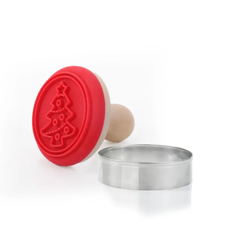 Round Christmas DIY Baking Tool Cookie Silicone Mold with Wooden Handle In-Stock Cookie Mold for Baking Lovers