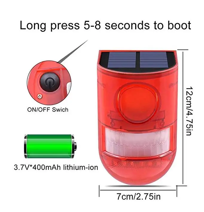 Solar Motion Sensor Security Light Alarm With 129db Siren Strobe Light