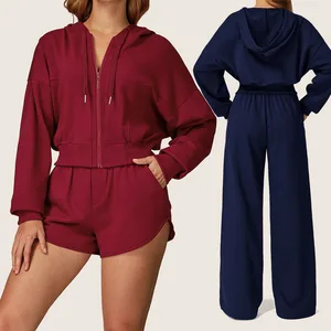 Wholesale Custom Logo Loose Sports Gym Yoga Pants Leggings Long Sleeve Women Hoodies Coat Clothes Sport Set