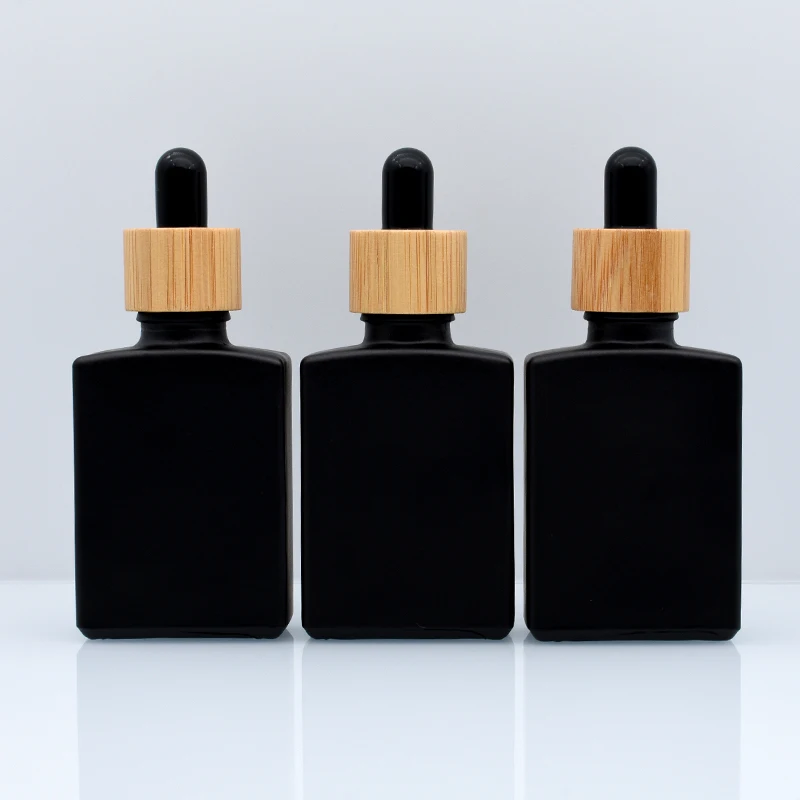 Empty 30 ml Black Frosted Rectangular 30ml Matte Black Rectangle square Glass Dropper Essential Oil Bottle With Bamboo Cap