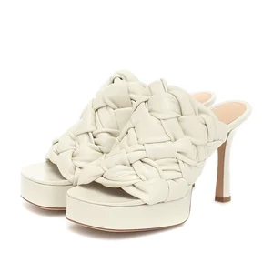 Women Cream Braided Leather Platform Mule Sandals Stiletto Heel Open Toe Luxury Summer Beach Resort Daily Date Comfort Wholesale
