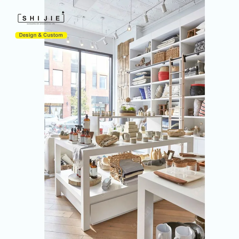 Modern White Oak Wall Mounted Small Gift Shop Interior Layout Design