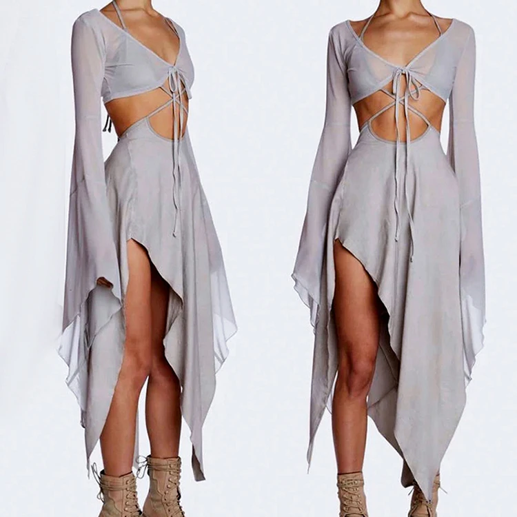 irregular mesh stitching dress Summer New Fashion Irregular Mesh Stitching Dress Set for Women