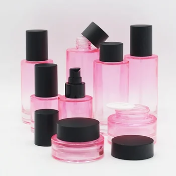 Luxury cosmetic pink packaging set thick bottom flat shoulder round matte black serum dropper lotion pump glass bottles and jars