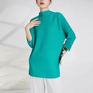 Miyake Women's Long Sleeve Shirt Casual Western Style Loose Pleated Polyester Top With Printed Decoration
