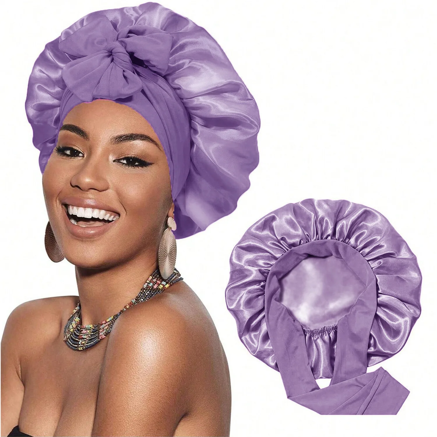 Wholesale Custom Logo Satin Silk Bonnet Cap Tie-Up Band Hair Wrap