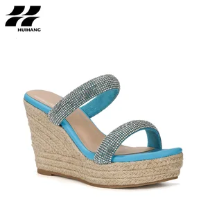 Stylish Glam Rhinestone Strap Espadrille Wedge Slides Open Toe Waterproof Height Increasing Slip-On Closure for Summer Occasions