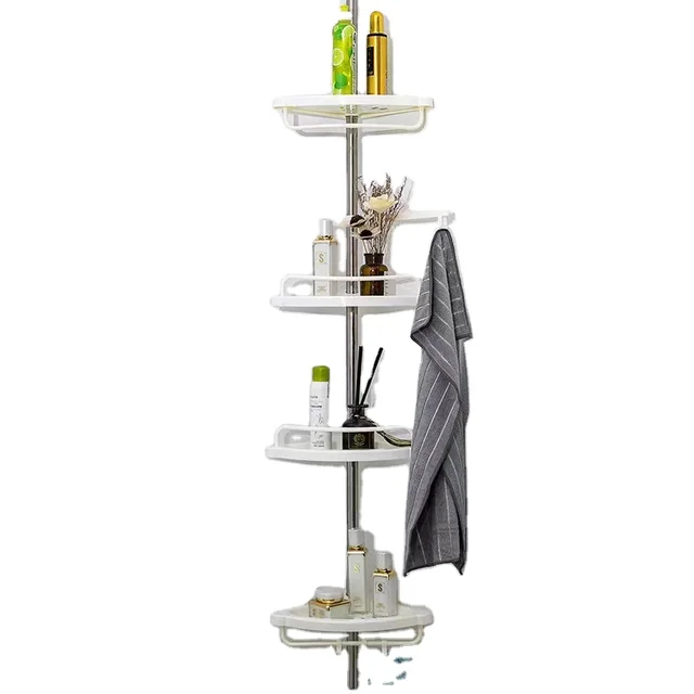 Hot selling 4-layer telescopic bathroom rack with adjustable bathroom frame, plastic triangular storage rack with towel rack