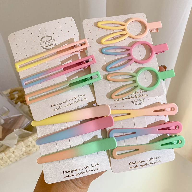 Розовые милые корейские заколки для волос, аксессуары для девочек, женские челки, металлическая заколка-Пряжка, набор заколок для волос с уткой и купюрой, с упаковочной карточкой