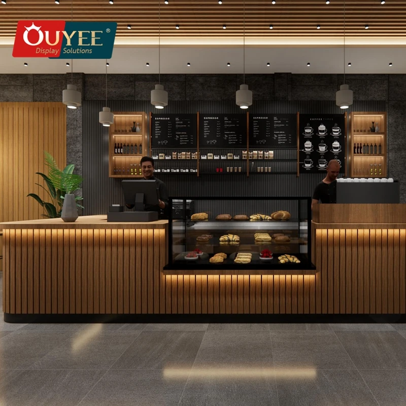 Ouyee Modern Coffee Shop Counter Design Furniture Bubble Tea Store Interior Decoration Cafe Bar Coffee Shop Counter