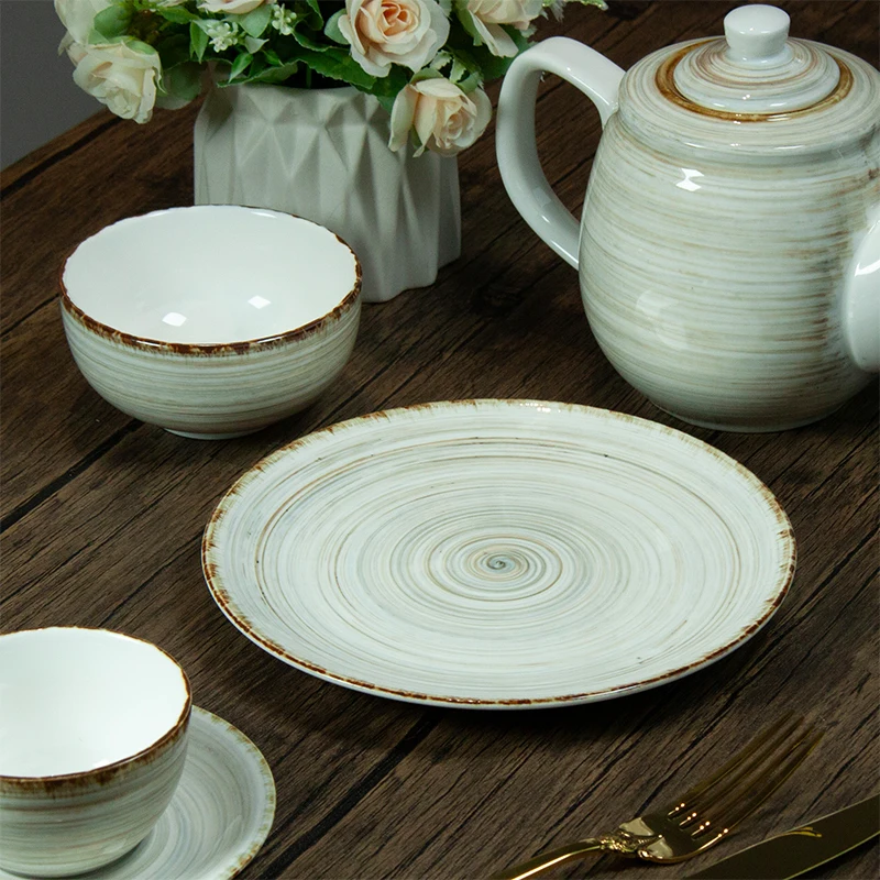 2024 Nordic Hand-painted Swirl Design Ceramic Dinner Dishes Plates Set  Earthenware Set De Vajilla Porcelain Crockery Dinnerware