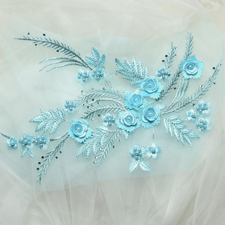 Blue Embroidered and Beaded popular applique for wedding dress with Light Sapphire Crystals and 3D Silk Hand Cut flowers on tulle.