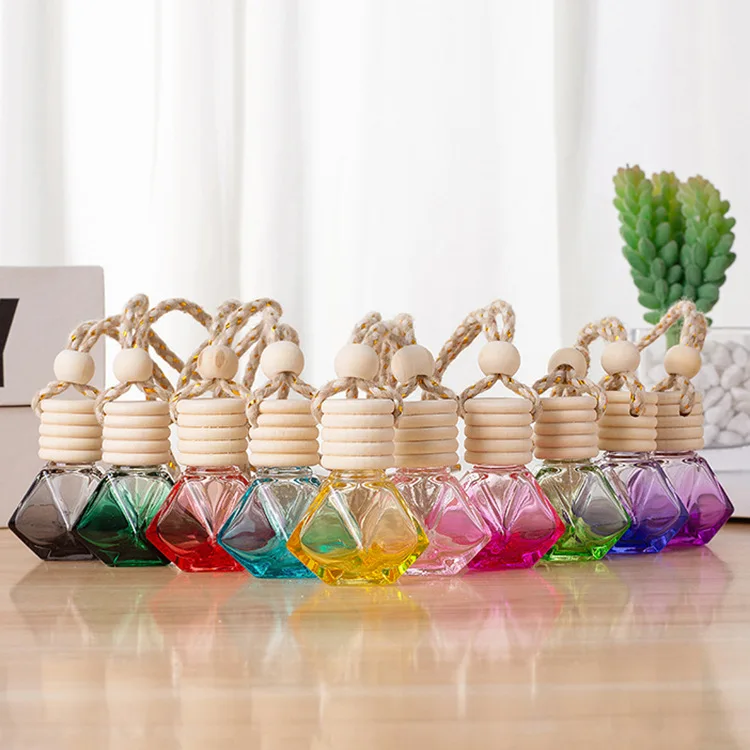 Wholesale 8ml Diamond Shape Hanging Car Essential Oil Fragrance Diffuser Colorful Empty Glass Perfume Bottle Screen Printing