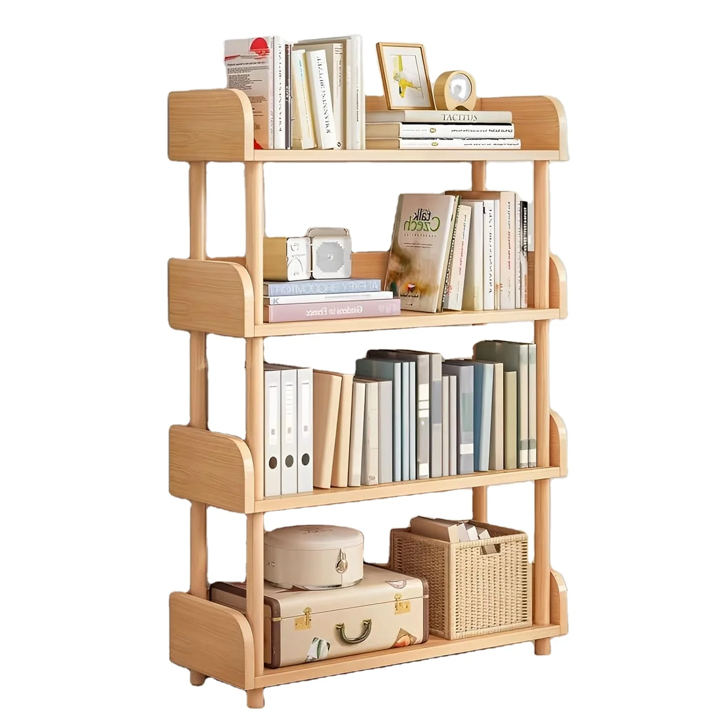Modern 4-Tie Wooden Open Bookcase Standing Type Storage Cabinet with Solid Wood Top Edge for Home Office Book Display