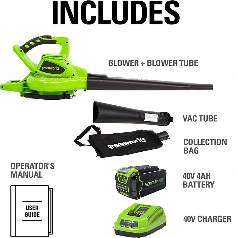 Greenworks 40V draadloze bladblazer/bladzuiger met borstelloze motor, inclusief 4.0Ah accu en oplader, 185 MPH/340 CFM / 75+ compatibele accessoires._voghion.com