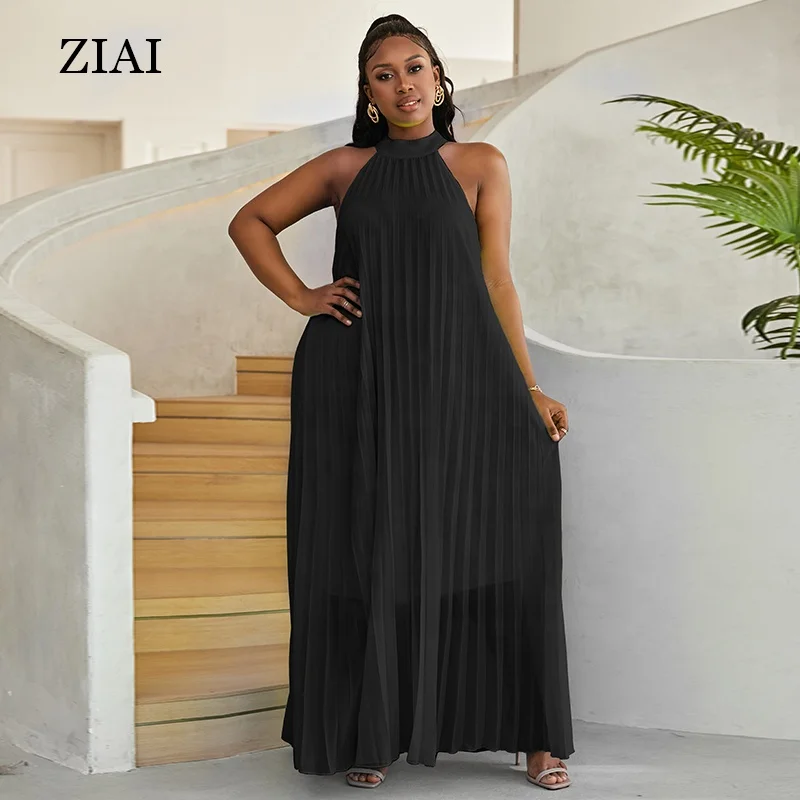 Astrid Plus White Pink Solid Pleated Halter Dress - Oversized Chiffon Dress