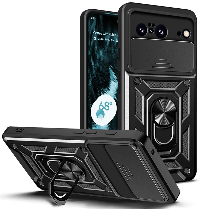 Military Grade Slide Cover Camera Protection Armor Case for Google Pixel 8 Pixel 9 Pro 8A 7A 7 Ring Stand Case