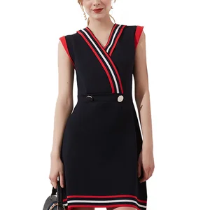 Custom Knitted Dress Woman  Fashion Waistline Sleeveless Striped A-line Dress Casual V-neck Dress