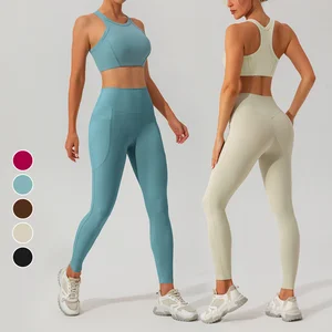 Best High Quality Ladies' Sporty Beautiful Back Fitness Wear Set Ribbed Quick-Drying Breathable High Elastic Waist Yoga Set