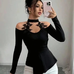 2025 Autumn and Winter New Style Lace-up Off-shoulder Embroidered Pleated Arc Hem Slim-fit Slimming Women's T-shirt