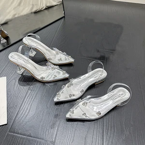 New Style Wholesale Women Flower Rhinestone Transparent Crystal Sandals Heeled Ladies Sandal Dress Party Wedding Shoes