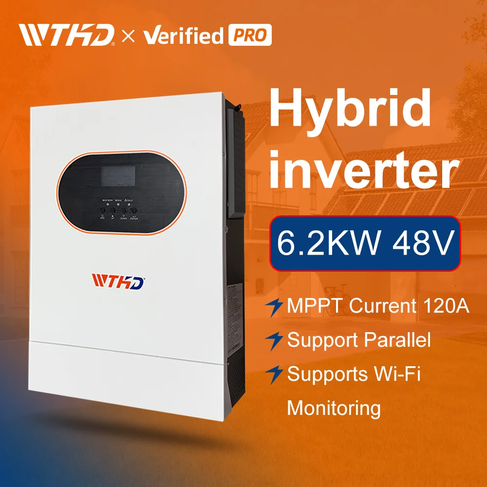 Inversor Solar Híbrido com Tela Touchscreen, 6,2 kW (6200 W), Duplo MPPT, AC Monofásico, 220 VCA, Inversor Solar Híbrido On/Off-Grid com Suporte para Conexão em Paralelo