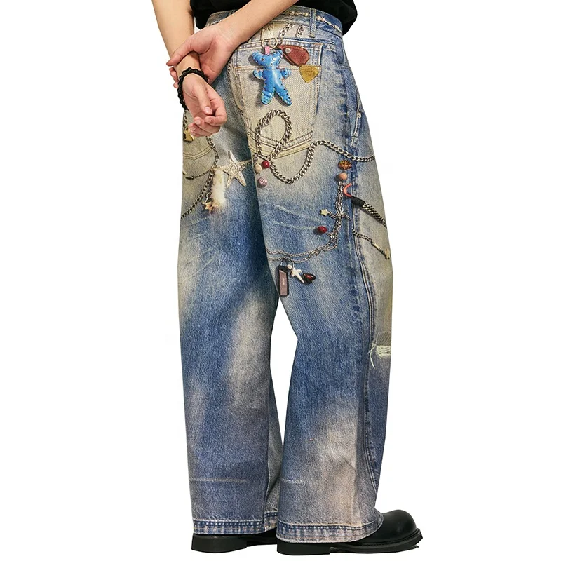 EDGE DENIM Jeans Manufacturer Custom Designer Wide Leg Dtg Digital Printing Baggy Jeans Men