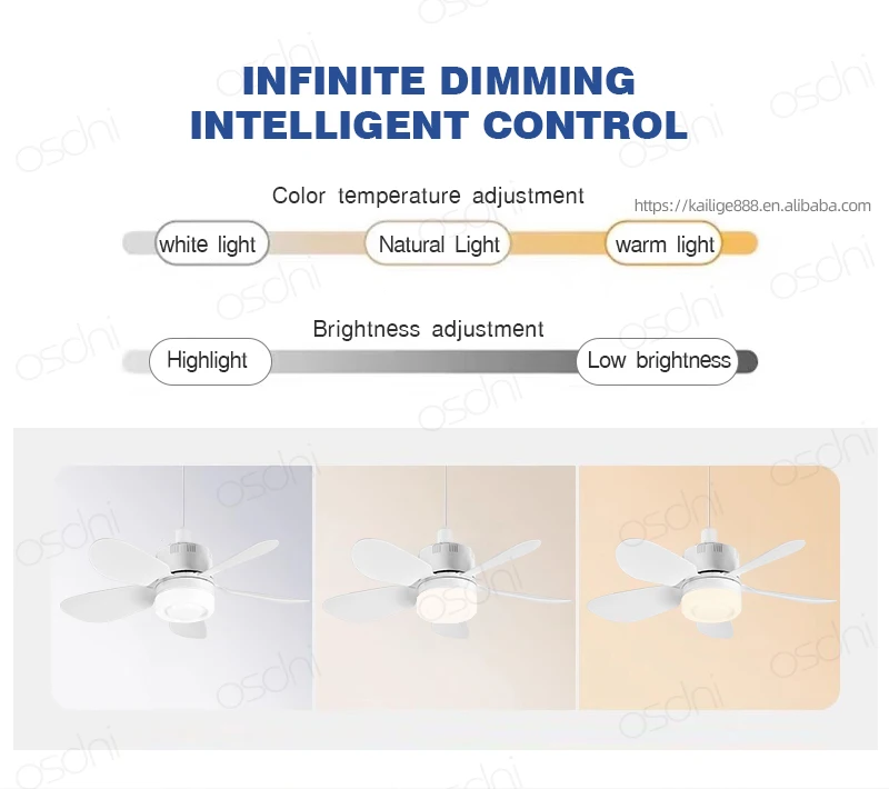 现代E27发光二极管吊扇，带浅白色可拆卸叶片遥控器，室内使用卧室厨房小ABS主体